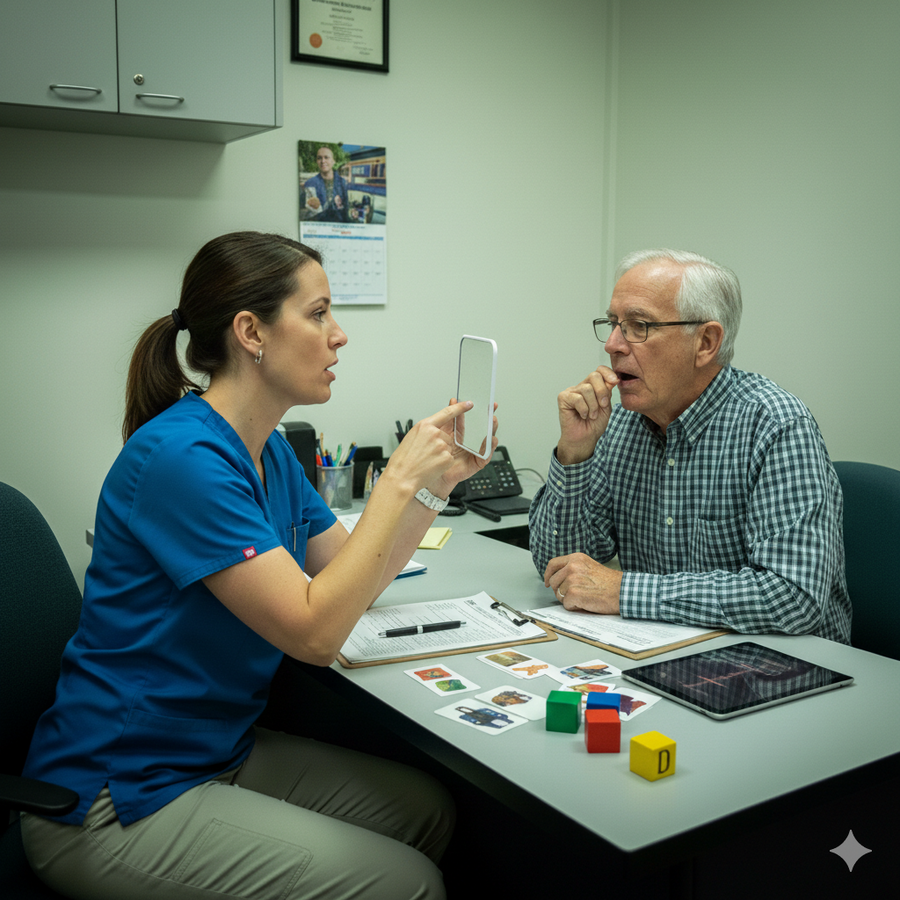 A speech language pathologist demonstrating techniques to an older adult